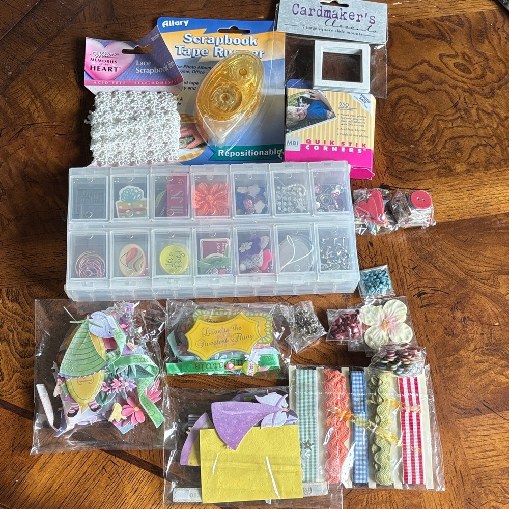 NEW Scrapbook organizer container filled with items, tape, trim and so much more